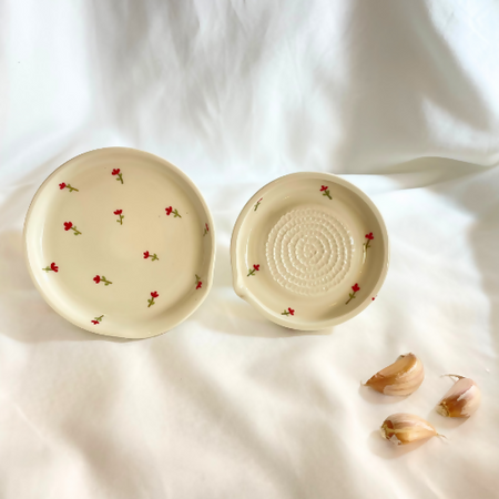 Handmade Ceramic Garlic Grater & Spoon Rest Set with Luxury Red Flowers