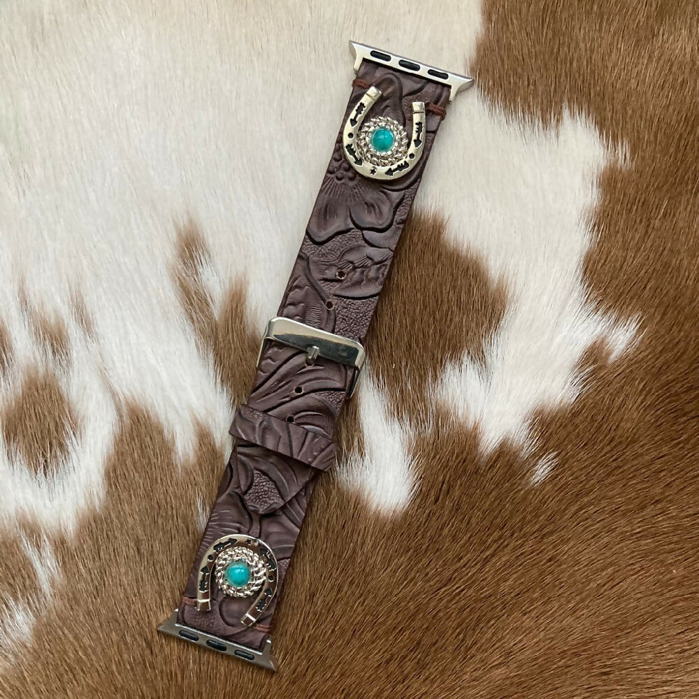 Leather Apple Watch Band - Embossed with Horseshoe Conchos