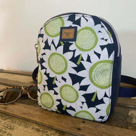 Convertible Backpack/Crossbody Bag - Sunflowers in Green & Navy/Navy Faux Leather