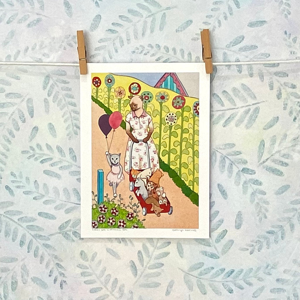 Mama Cat and Kittens Walking in Sunshine - Print (r5-edpd)