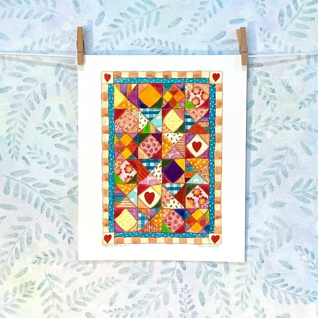 Colourful Patchwork Love Heart Quilt - Premium Art Print