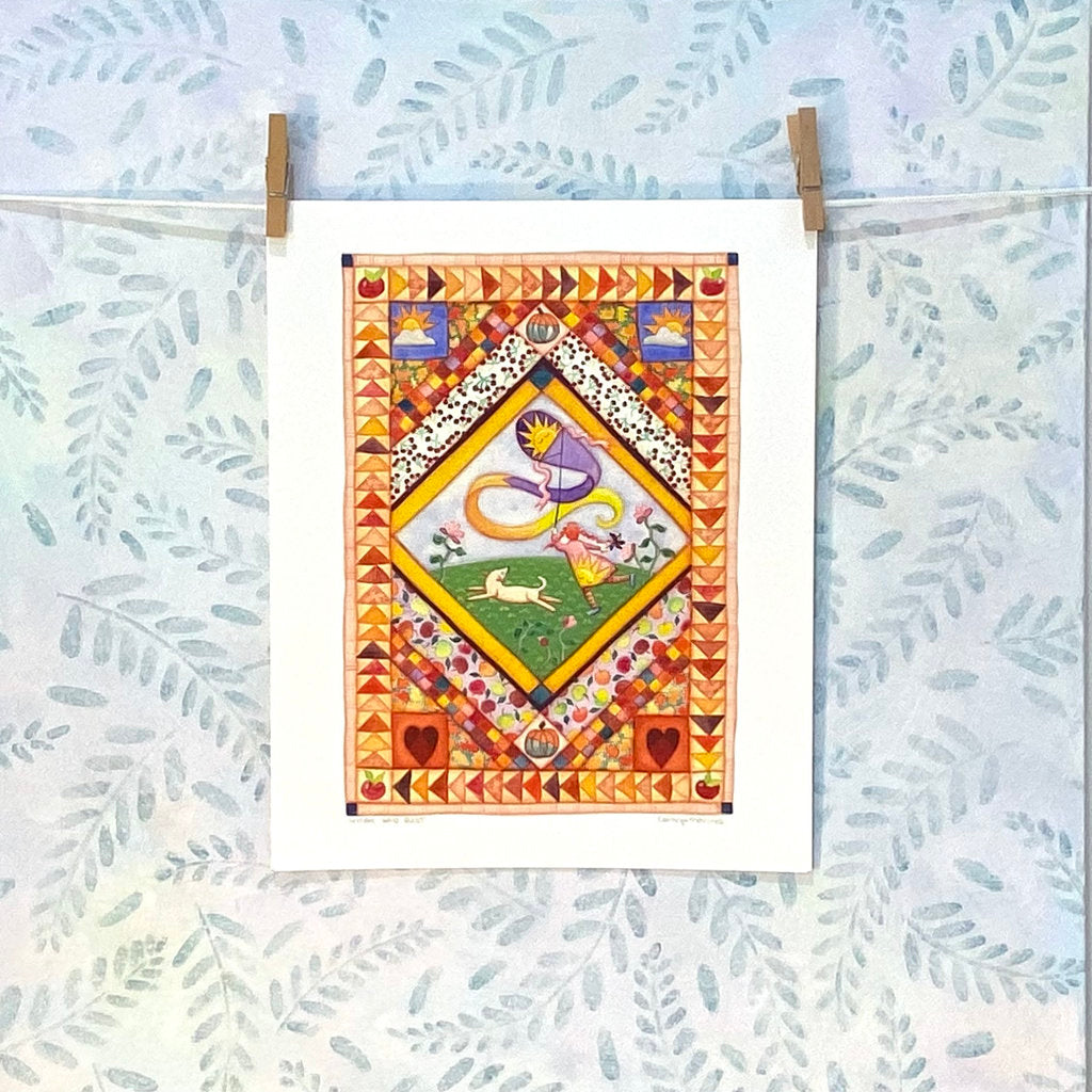 Child and Dog Kite Flying in Autumn - Print