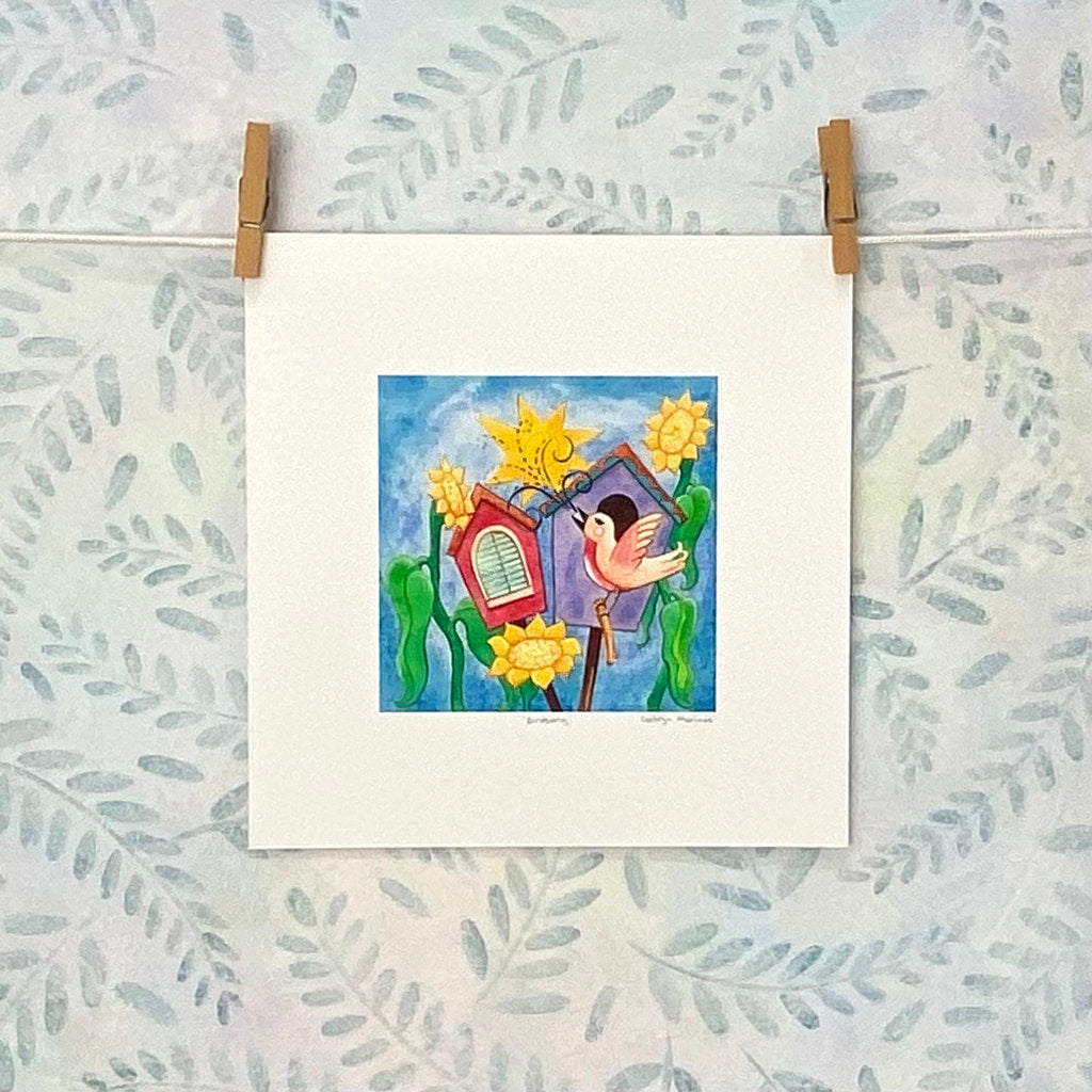 Cheerful Bird and Sunflowers - Art Print to Frame
