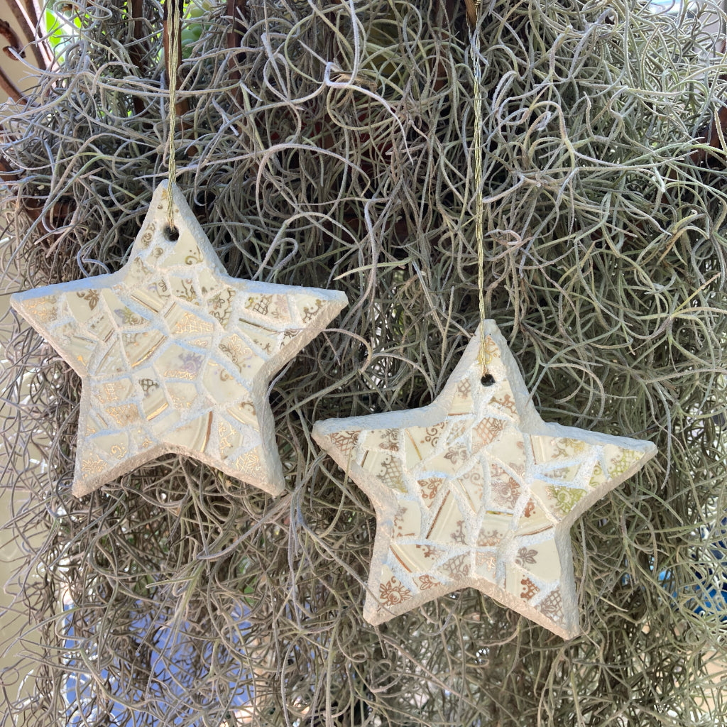 Upcycled Mosaic Stars - Hanging Ornament - Set of 2 - Cream/Gold