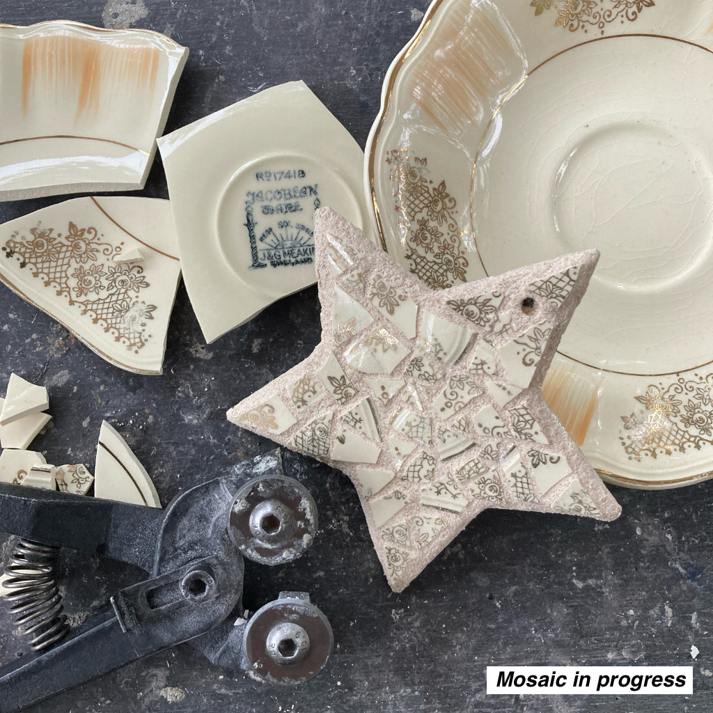 Upcycled Mosaic Stars - Hanging Ornament - Set of 2 - Cream/Gold