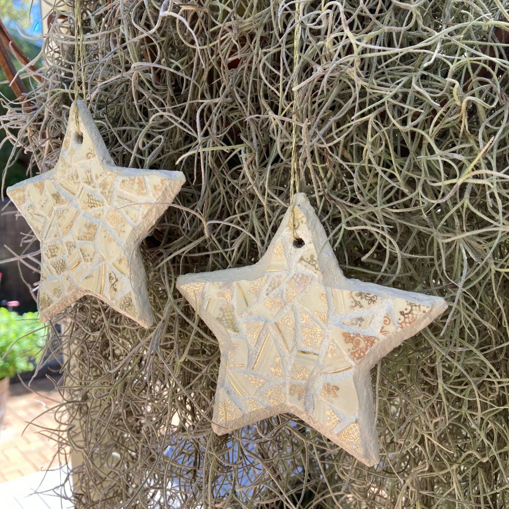 Upcycled Mosaic Stars - Hanging Ornament - Set of 2 - Cream/Gold