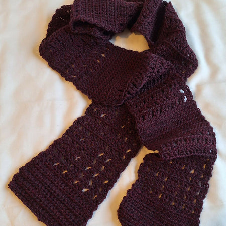 Handmade scarf; long burgundy crocheted scarf