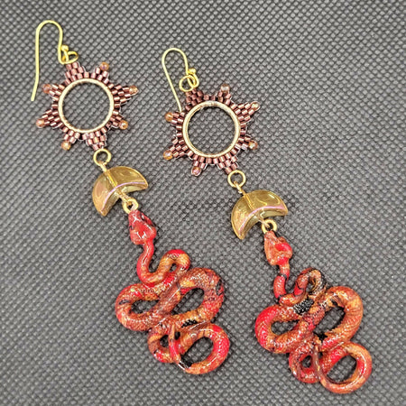 Red and Gold Snake Earrings with Sun and Moon