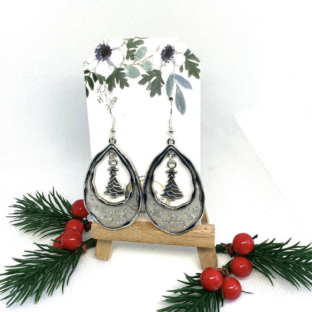 Christmas Silver Resin Dangle Drop Earrings with Tree Charm