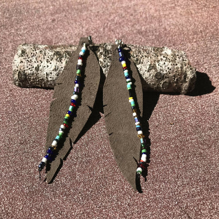 Brown Leather Feather Earrings with Beads