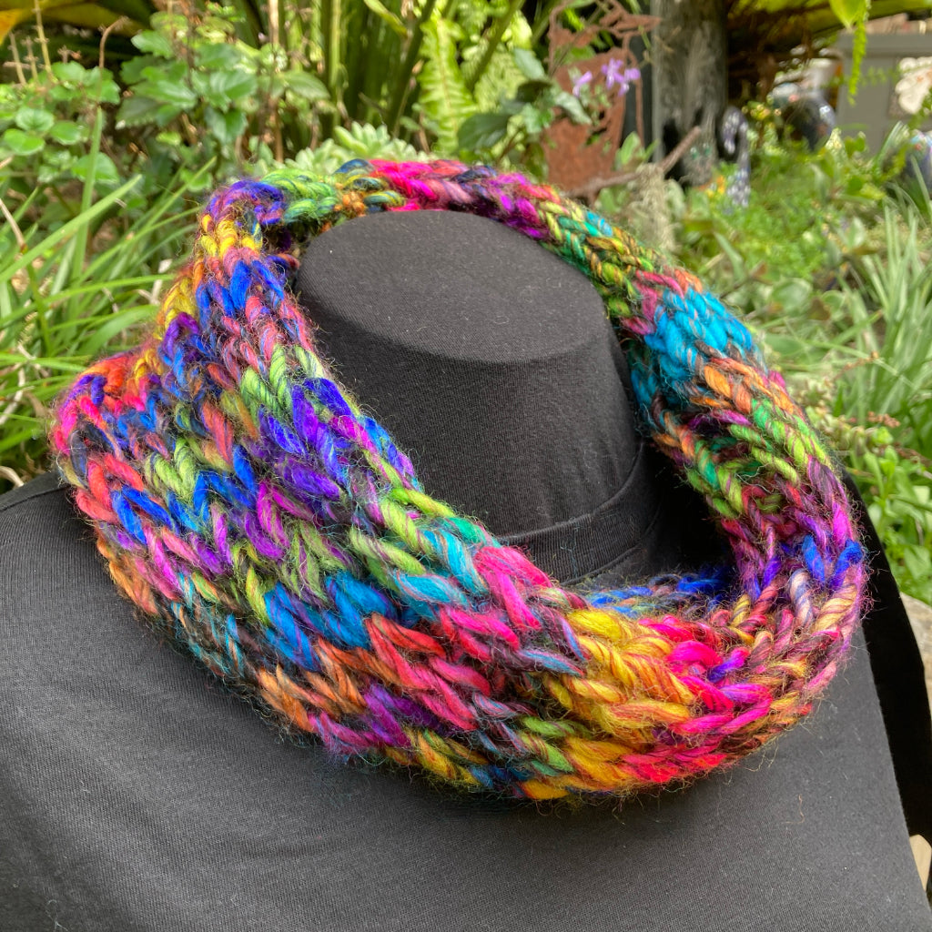 Hand-knitted Cowl - Scarf - Soft and Stretchy - Rainbow Brights