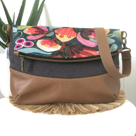 Fold Over Bag in Tan Leather, Grey Canvas and Bush Flora Fabric