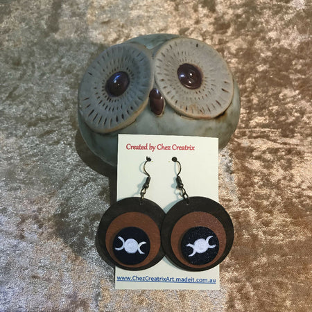 Hand Painted Wooden Earrings with Triple Moon Symbol