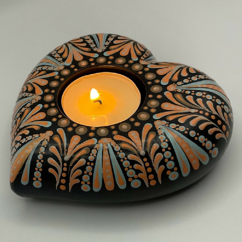 Contemporary Hand-painted Heart Tea-light Candle Holder Gift Boxed, Natural Brown, Orange, Blue & Black