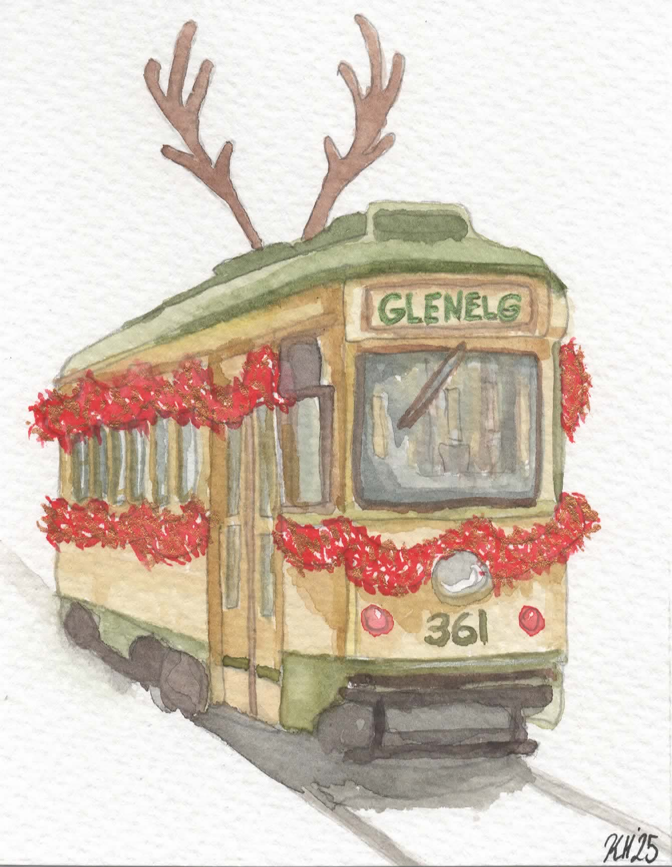 Hand Painted Vintage Glenelg Tram Adelaide Christmas Greeting Card