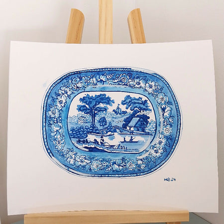 Blue Transferware Platter Original Painting