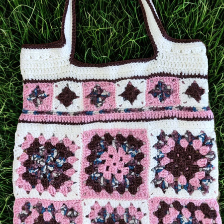 Handmade Granny Square Crocheted Market Bag - Raspberry Coconut, with Chocolate Drizzle