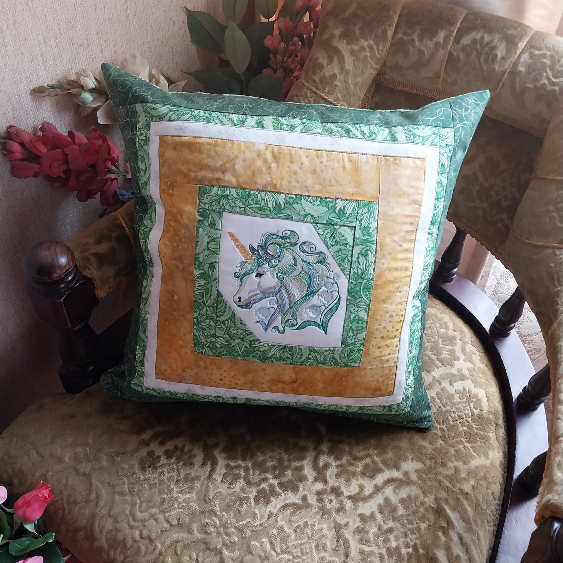 Green Unicorn Embroidered Patchwork Cushion Cover