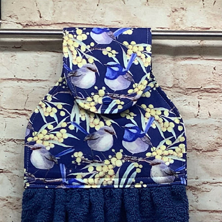 Blue wrens hanging hand towel with fabric and loop top. - 2 Designs