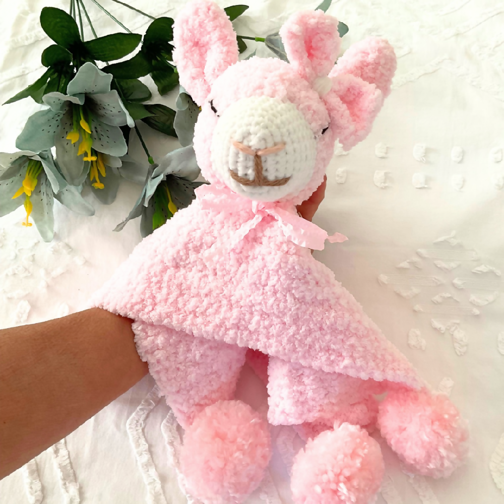 Handmade Crochet Llama Baby Snuggle Blanket, Pink Crochet Lovey Blanket