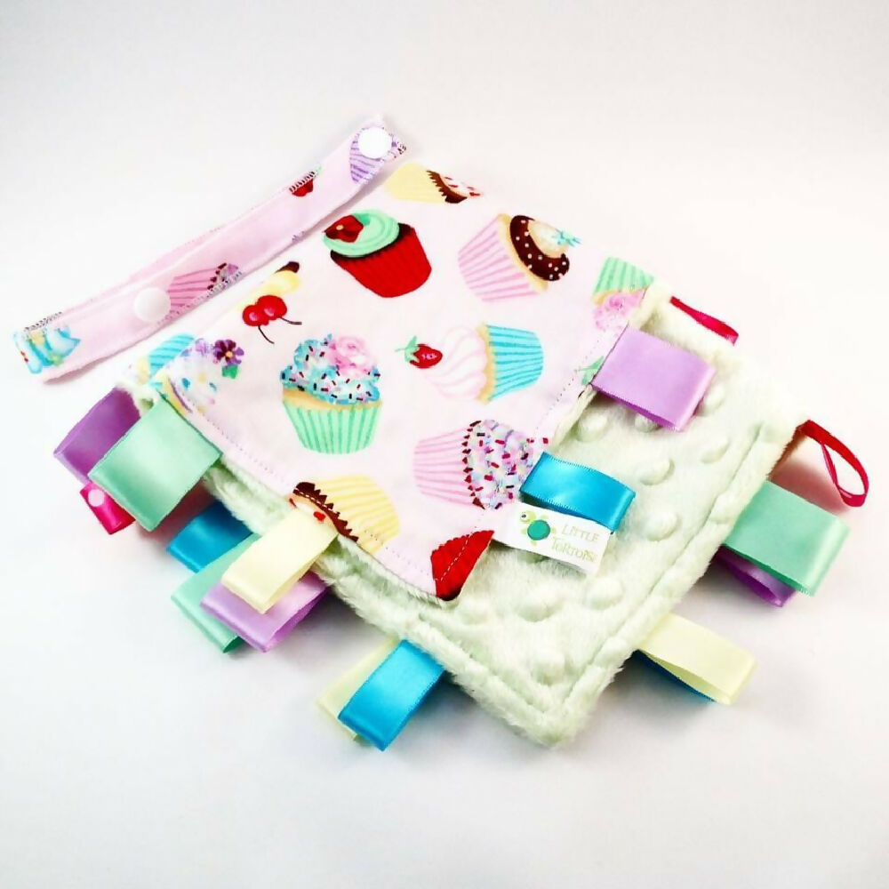 CUPCAKE TOSS Baby Security Blankie Taggie Toy + Taggie Saver