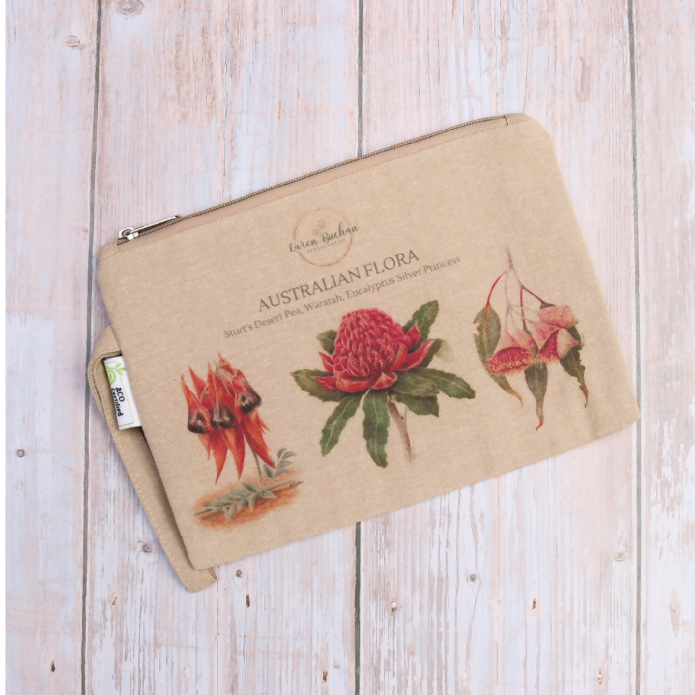 Australian-artist-illustration-native-flowers-zip-pouch-clutch-front