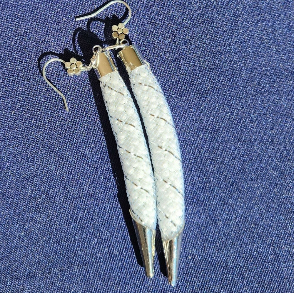 white nylon mesh dangle earrings with silver hook