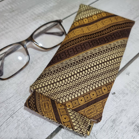 Flex frame glasses pouch, upcycled tie - brown, gold stripes