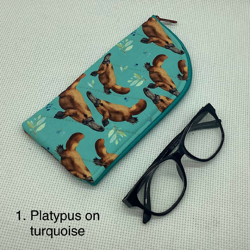 Australian platypus curved top zip pouch for glasses, phones, handbag organiser, etc.