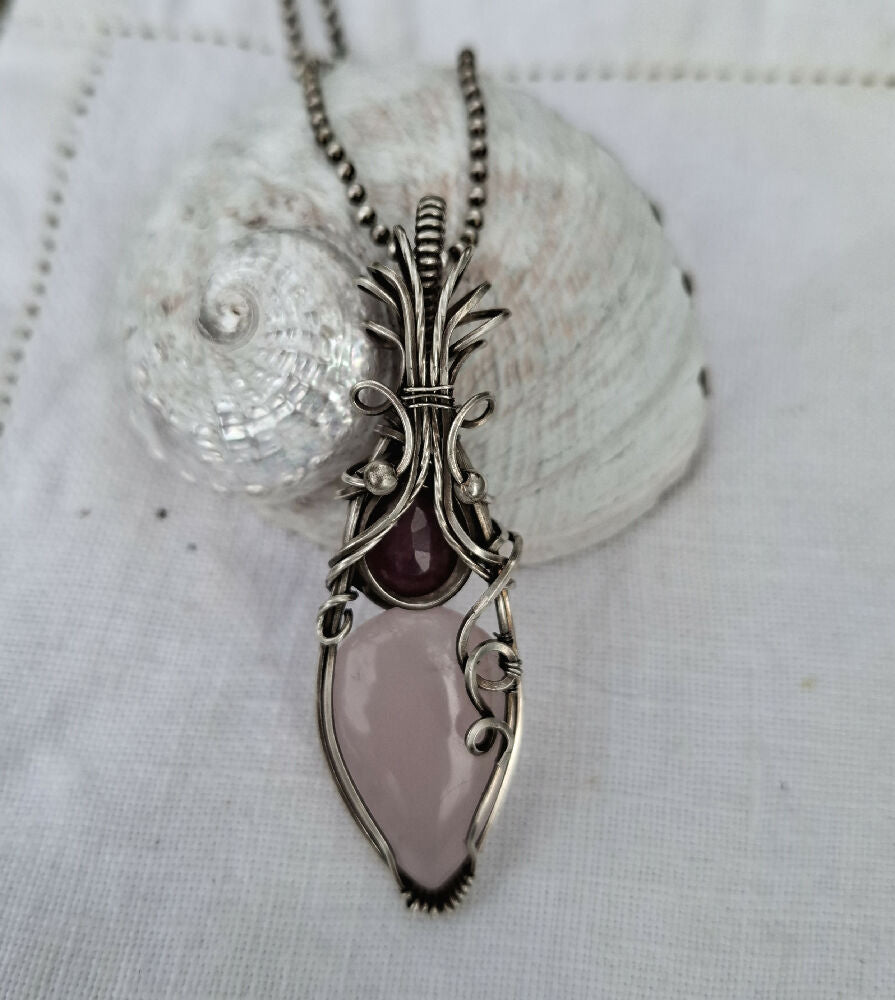 Rose Quartz with Ruby in Sterling Silver with SS chain