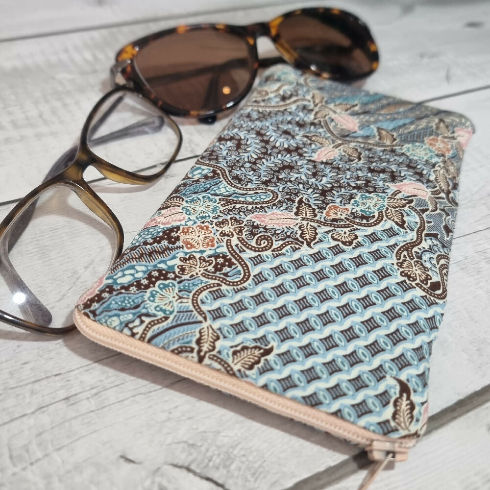 Upcycled double glasses pouch - aqua, peach & brown print
