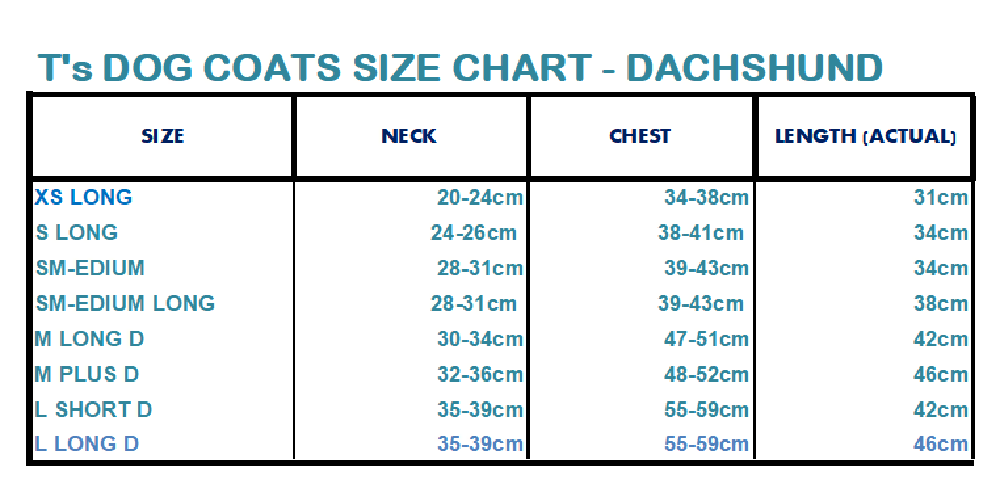 Size Chart - Dachshund