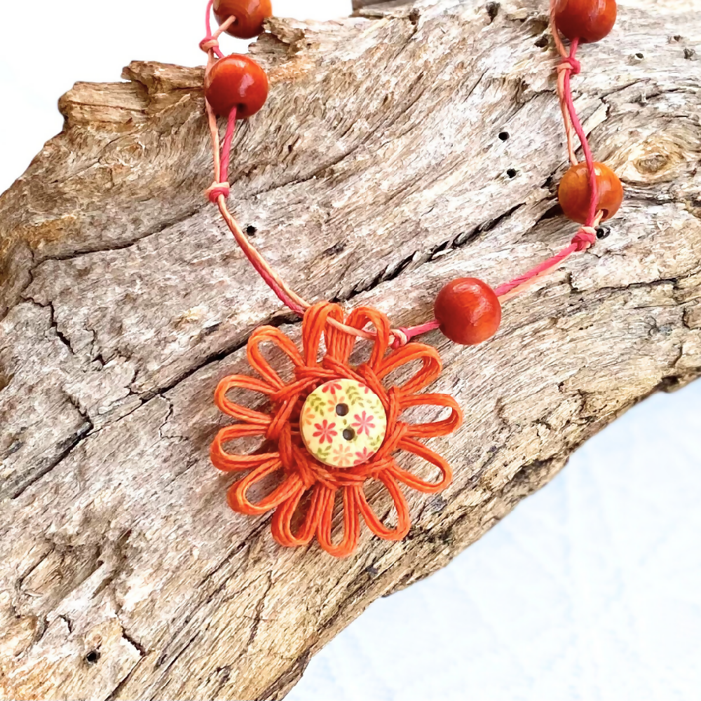 Necklace Knotted Beaded Flower Pendant Orange Red Metal Free