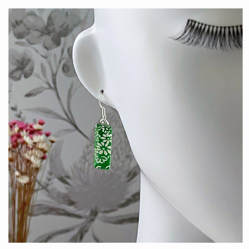 Bright Green Earrings with White Flowers made with Japanese Papers