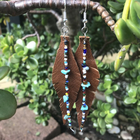 Leather Feather Earrings with Beads