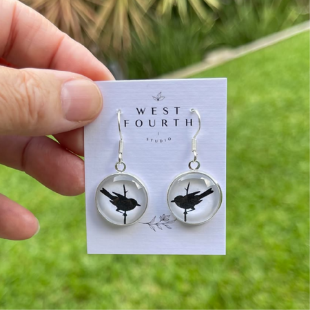Bird Earrings with a Curious Black Crow • Choose hooks, studs or clip ons