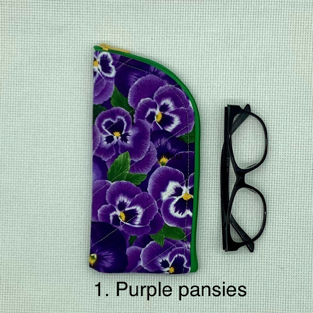 Pansies curved top zip pouch for glasses, phones, handbag organiser, etc.