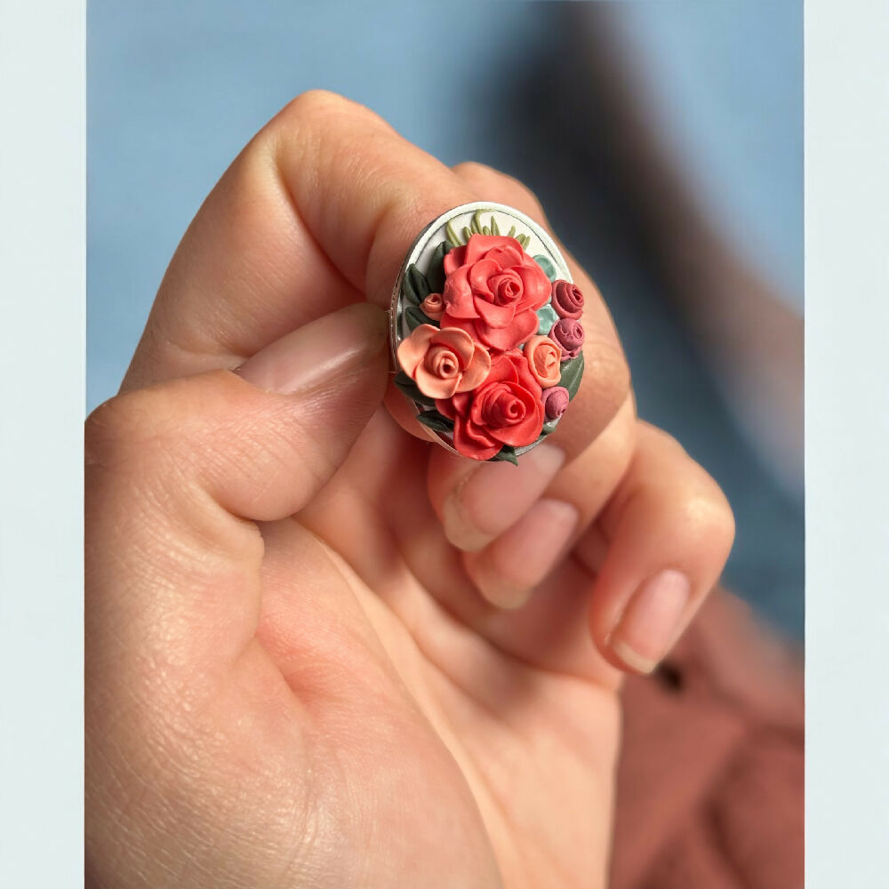 Floral Bouquet - Peach Rose hand sculpted Statement Ring