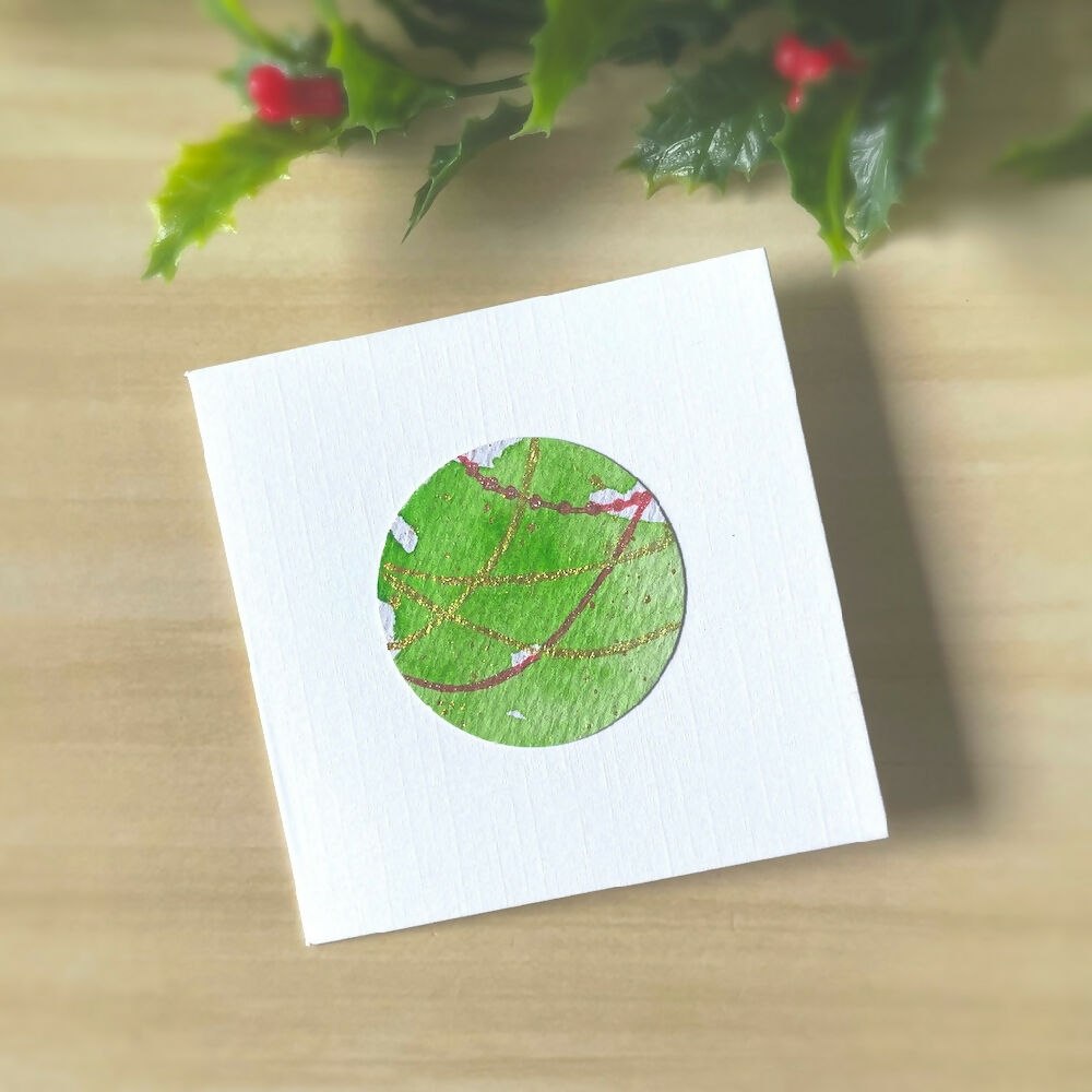 Australian-artist-handmade-original-art-watercolour-Christmas-card-7.5cm-green-decorations