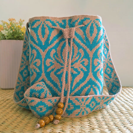 Vintage Vibe Tapestry Bucket Bag – Turquoise and Latte