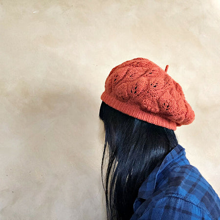 Hand knit Beanie Hat- Camellia leaf in Orange