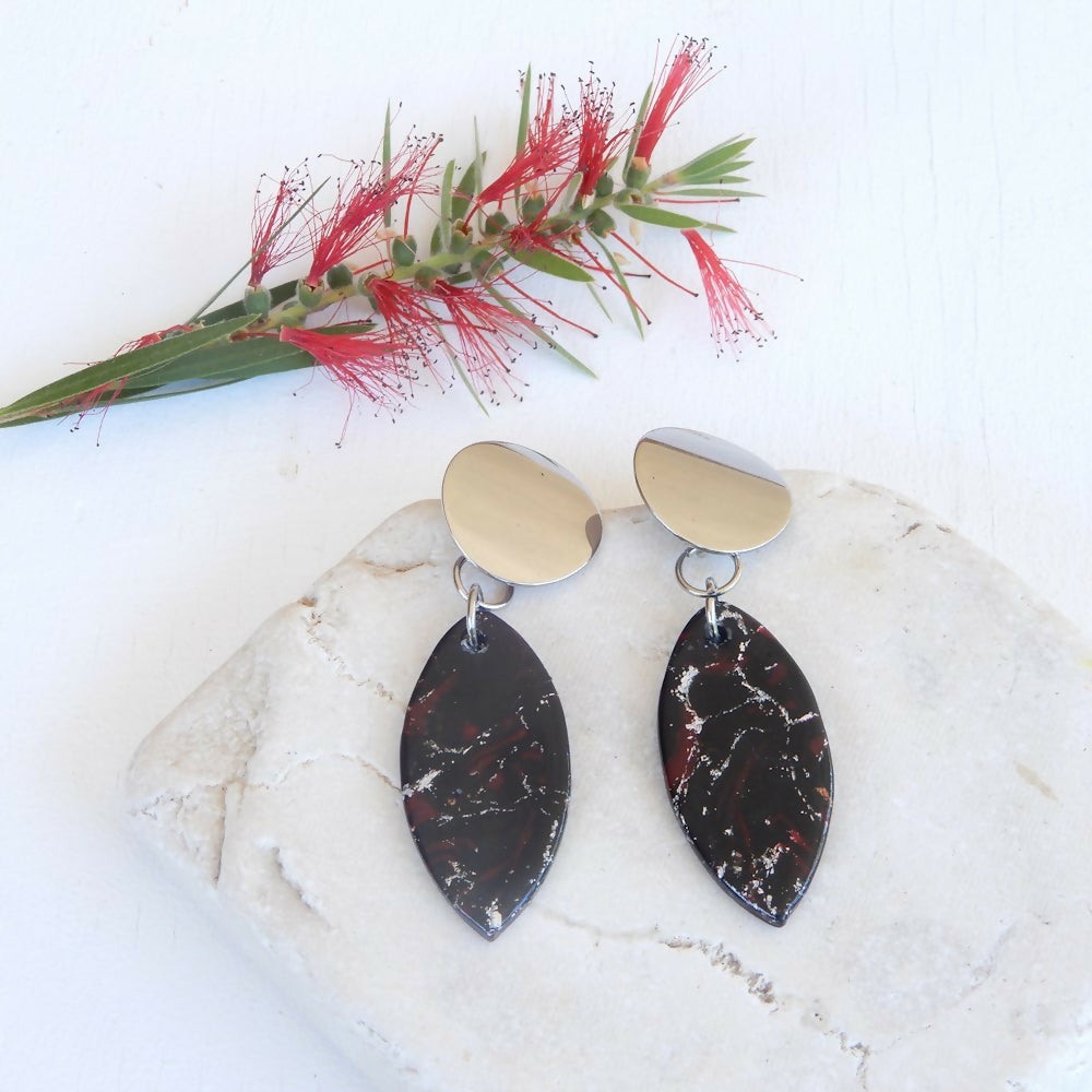 Black Polymer Clay Earrings "Silver Fire" Leaf