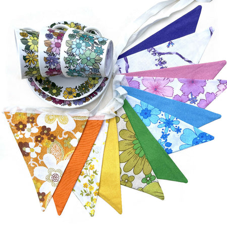Bunting - Retro RAINBOW Multi-Colour Vintage Floral & Plain Fabric Flags . HANDMADE