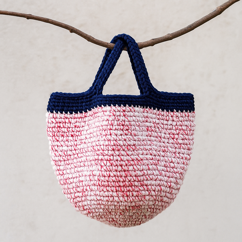Basket Hand Bag / Red and White Bag with Navy handle