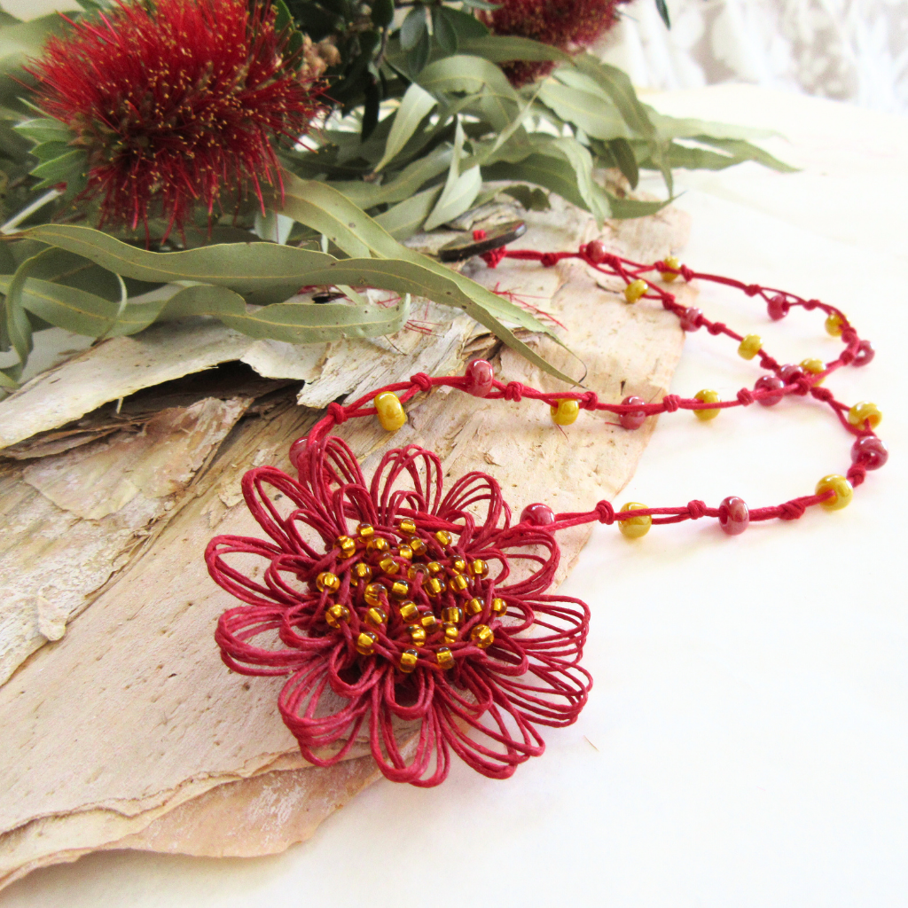 Handmade Red Flower Christmas Necklace | Celebration Moment | Woven Bloom Moments Collection