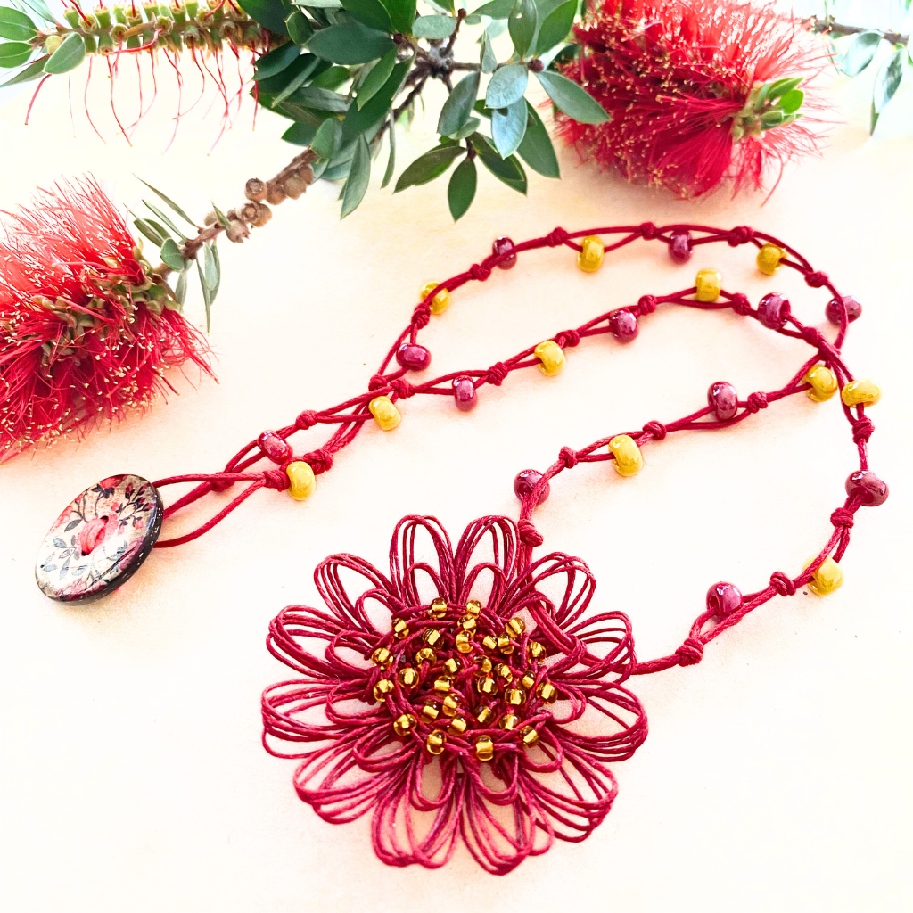 Handmade Red Flower Christmas Necklace | Celebration Moment | Woven Bloom Moments Collection