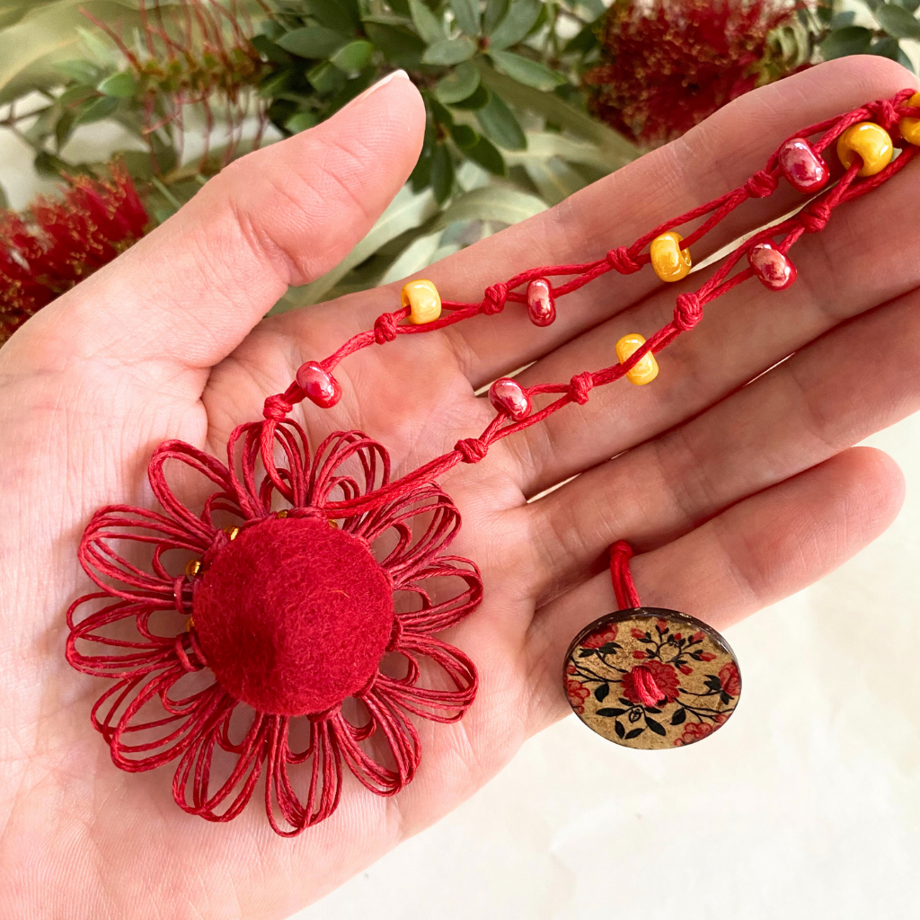 Handmade Red Flower Christmas Necklace | Celebration Moment | Woven Bloom Moments Collection