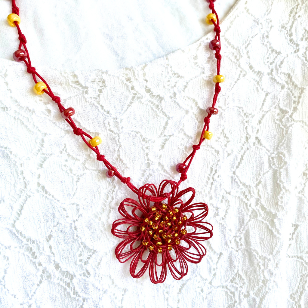 Handmade Red Flower Christmas Necklace | Celebration Moment | Woven Bloom Moments Collection