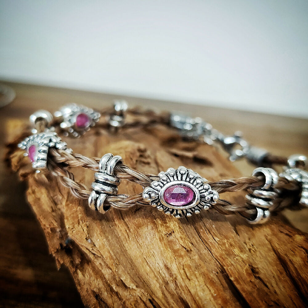 Bling Rhinestone Horse Hair Braided Bracelet - Fuschia