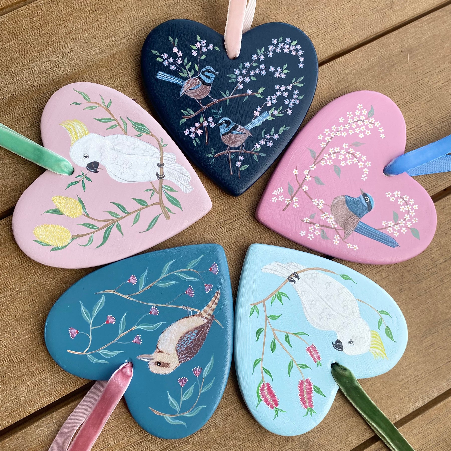 Hand-Painted Ceramic Heart Decoration - Fairywren Pair